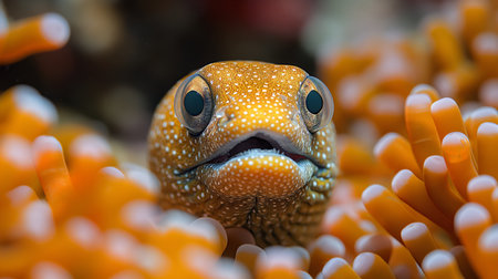 An orange-spotted mouth moray eel emerges from its vibrant orange coral home, gazing curiously into the watery abyss.の素材