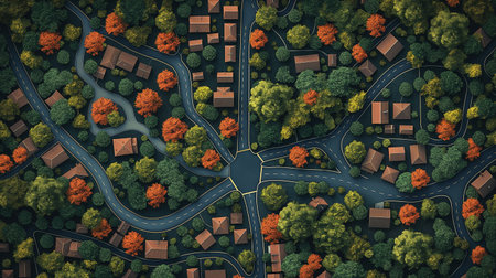 An overhead view captures the winding roads and colorful trees nestled among cozy houses in a serene, suburban neighborhood.の素材