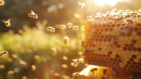 Bees swarm busily around a honeycomb at dawn, their bodies silhouetted against the soft morning lightの素材