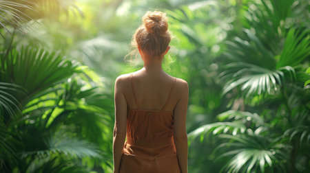 Back view of a woman surrounded by lush greenery, evoking a serene connection with nature.の素材