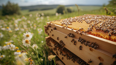 Bees swarm around a honeycomb, busily working in a field of wildflowers under the bright sunlight.の素材