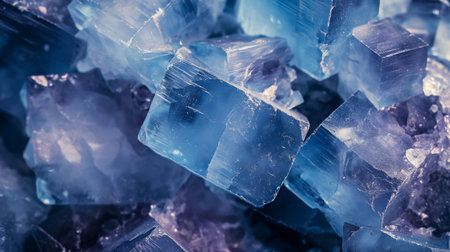 Blue fluorite crystals interlaced with baryte, displayed in macro detail, shimmering with a mysterious, icy blue glow.の素材