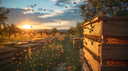 Bees swarm vibrantly around their hive at dusk, creating a dynamic dance in the evening glowの素材