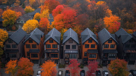 Autumn transforms a quaint townhouse neighborhood into a stunning palette of fiery reds and vibrant oranges from above.の素材
