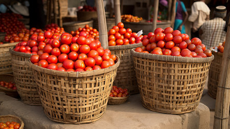 Baskets brimming with ripe, red tomatoes fill a bustling market stall, showing the abundance of fresh produceの素材