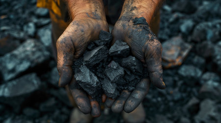 Calloused hands cradle a cluster of coal, symbolizing the enduring hardships of those who delve beneath the earth.の素材