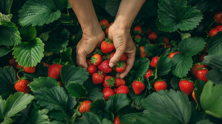 Carefully, a pair of hands selects ripe strawberries nestled among vibrant green leaves under a soft daylight.の素材