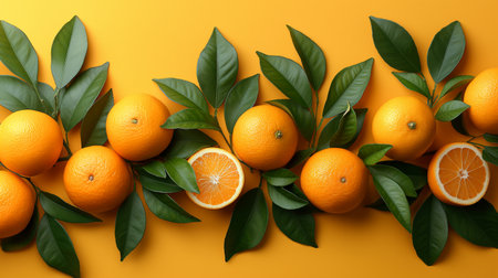 Bright oranges, sliced and whole, are artistically arranged with lush green leaves against a vibrant yellow background.の素材
