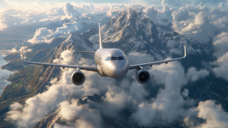 commercial airplane flies low over rugged, snow-capped mountains, under a dramatic skyの素材