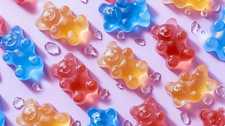 Colorful gummy bears scattered playfully on a reflective surface, shimmering like sweet jewels under soft lighting.の素材