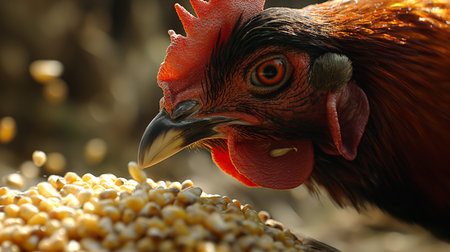 Close-up of a chicken pecking at corn kernels with vivid detail and intensity.の素材