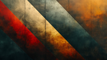 Bold diagonal stripes in vibrant red contrast with muted grays and yellows, evoking a sense of aged modernism.の素材