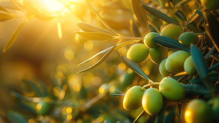 Clustered green olives glow under the warm afternoon sun, amidst the rich foliage of an olive tree.の素材