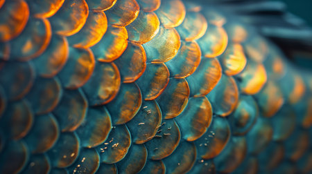 Close-up of shimmering fish scales, showing a geometric pattern of iridescent blues and oranges.の素材
