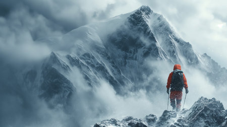Clad in a red jacket, a mountaineer stands on a snow-covered ridge, facing the daunting, fog-shrouded peaks of a formidable mountain rangeの素材