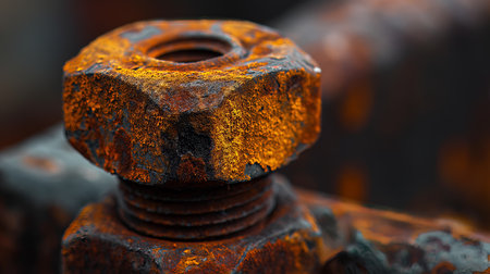 Close-up of a deeply rusted nut and bolt, showing textured decay and vibrant orange hues.の素材