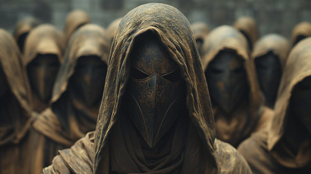 Cloaked figures in a dark, mysterious procession evoke an atmosphere of ancient rites and secrecy.の素材