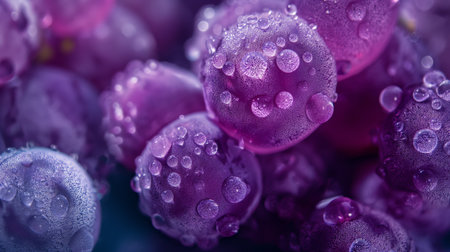 Close-up view of purple grapes covered in dew droplets, each grape glistening with captured moisture and vibrant hues.の素材