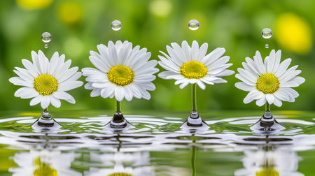 Delicate chamomile flowers with yellow centers and white petals appear to float on water, with glistening droplets suspended in mid-air.の素材