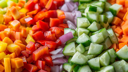 Colorful chopped vegetables neatly arranged for cooking.の素材