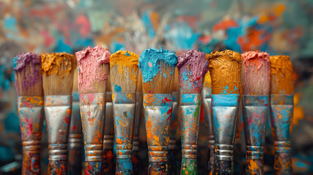 Colorful paint clings thickly to the bristles of well-used paintbrushes, hinting at the vibrancy of past artistic creations.の素材