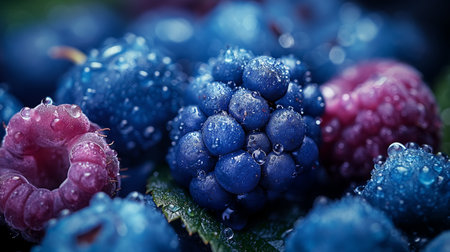 Dew-kissed berries cluster tightly, a vivid tableau of blues and purples nestled against a soft, mysterious background.の素材