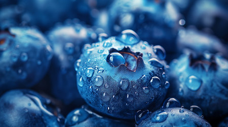 Dew-kissed blueberries glisten with a mysterious, icy-blue hue.の素材