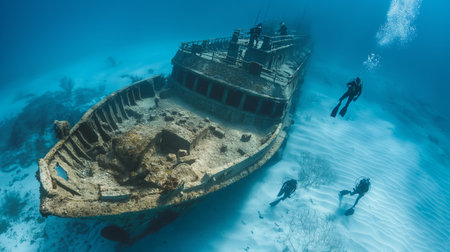 Divers navigate the hauntingly beautiful shipwreck, uncovering the secrets of the deep sea and its sunken treasuresの素材