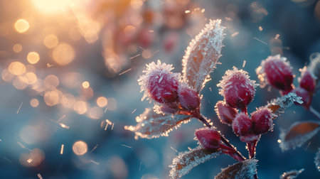 Delicate flowers dusted with frost sparkle under a warm sunrise, creating a magical winter scene.の素材
