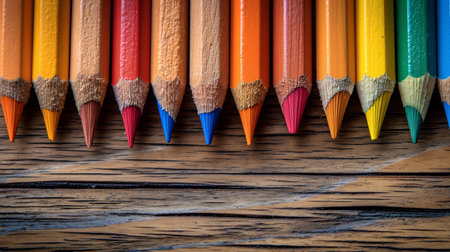 Colorful pencils laid out on a rustic wooden surface, their sharp tips pointing towards the viewer in a bold display of color and creativityの素材