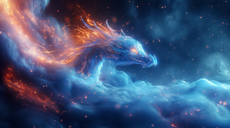 Ethereal blue dragons glide through a star-filled cosmic void, their bodies aglow with fiery trails and celestial grace.の素材
