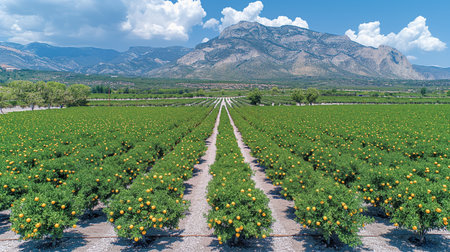 Endless rows of orange trees stretch towards majestic mountains under a bright blue sky.の素材