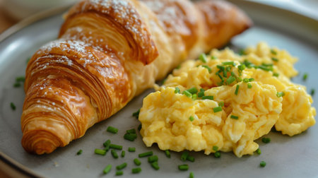 Flaky croissants paired with creamy scrambled eggs, garnished with fresh chives on a ceramic plate.の素材