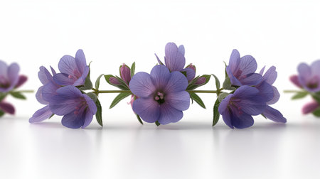 Elegant violet flowers line up in perfect harmony, their subtle beauty underscored by a minimalist aesthetic.の素材