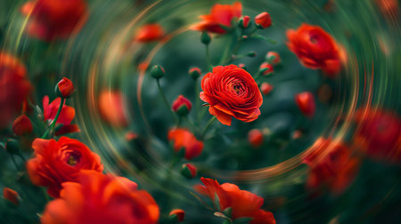 Fiery red blooms swirl in a captivating dance of color and motion, embodying the essence of passion and energy.の素材