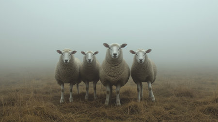 Four serene sheep pose in a mysterious, fog-laden landscape, their calm gaze piercing through the misty veil.の素材