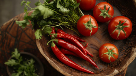 Fresh organic chilis and tomatoes are artistically arranged in a rustic wooden bowl, evoking a sense of culinary freshness and spice.の素材