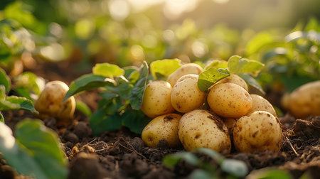 Freshly harvested potatoes cluster beneath the soil, symbolizing the earthy roots of agriculture.の素材