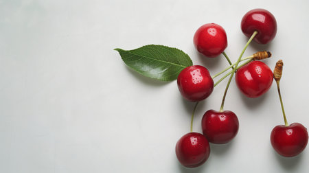 Fresh red cherries with a glossy finish and a green leaf on a pristine white background.の素材