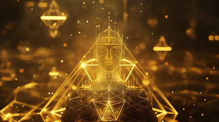 Gleaming gold lines and floating diamond pyramids create a mesmerizing network of sparkling geometric elegance.の素材