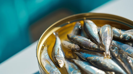 Gleaming fresh sardines neatly packed in a golden tin, reflecting light and details vividly.の素材