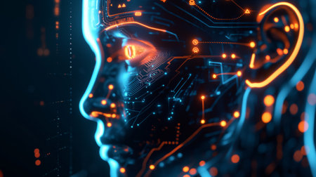 Futuristic digital concept of an artificial intelligence with blue and orange digital circuits.の素材