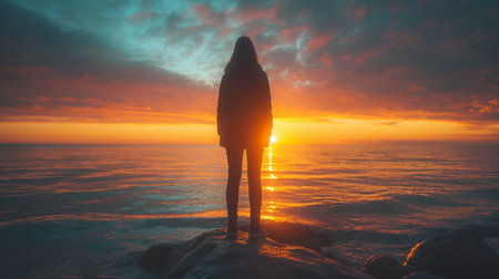 Gazing out over the vast ocean, a solitary figure finds solace in the mesmerizing colors of the sunset.の素材