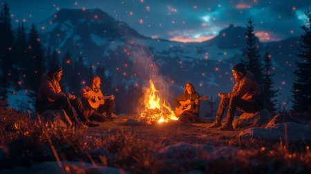Friends gather around a campfire under a starry sky, with the backdrop of snow-capped mountains.の素材