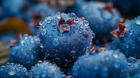 Glistening blueberries, dusted with dew, evoke the freshness of an early morning harvest.の素材