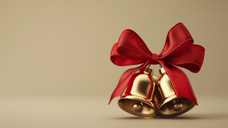 Golden bells tied with a vibrant red bow symbolize the elegance and joy of the festive season.の素材