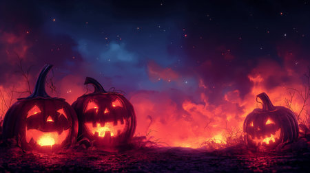 Halloween-themed scene with glowing pumpkins set against a fiery backdrop under a starry sky.の素材