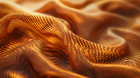 Golden satin fabric elegantly draped, creating a landscape of undulating waves and reflective sheen.の素材