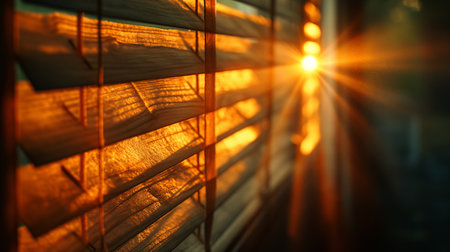 Golden sunlight streams through wooden blinds, casting warm and inviting patterns.の素材