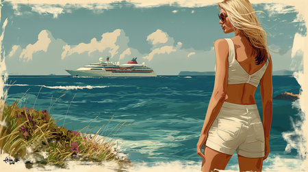 Illustrated with a vintage flair, a woman in summer attire observes a distant cruise ship, blending modern leisure with the timeless beauty of a rugged coastline.の素材